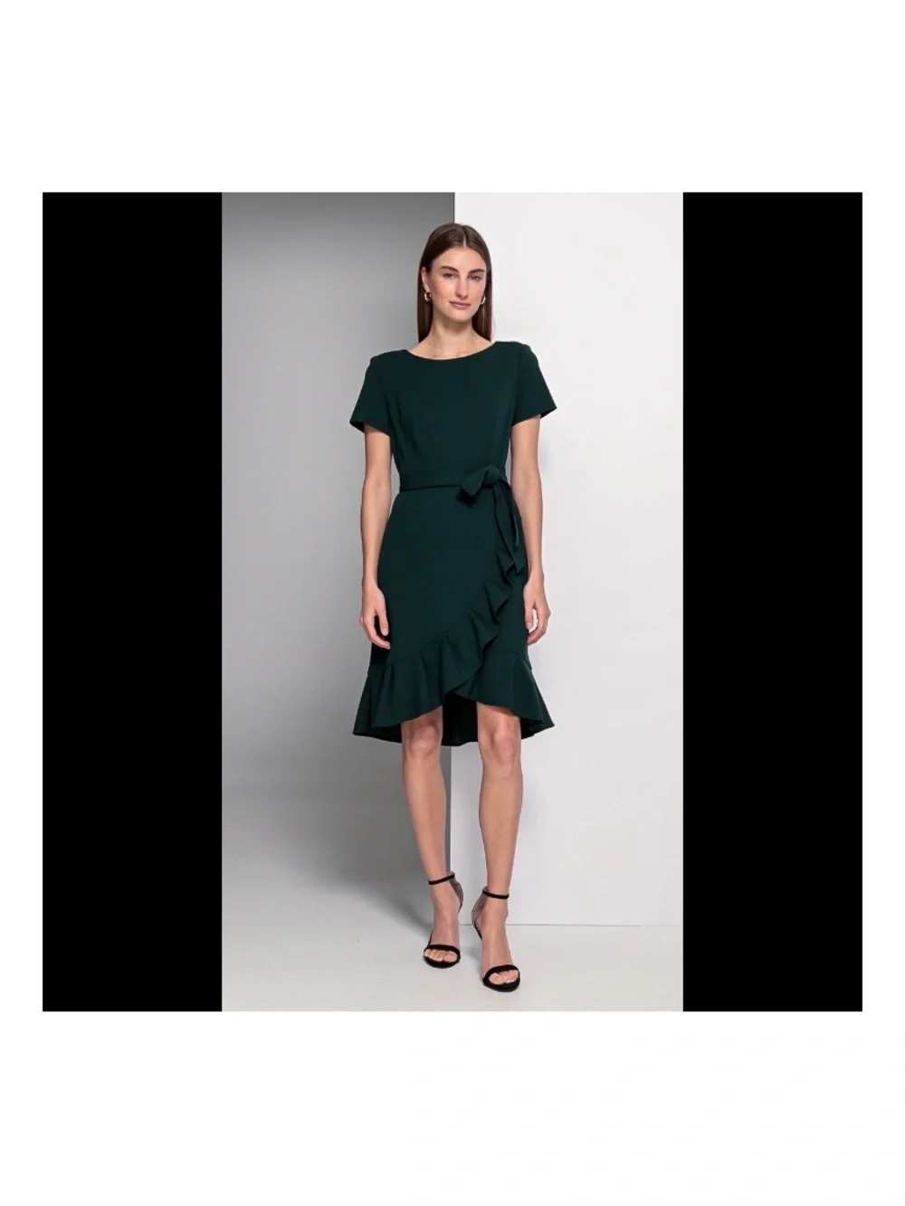 Andrew Marc Black Short-Sleeve Ruffle Wrap Midi Dress with Waist Tie